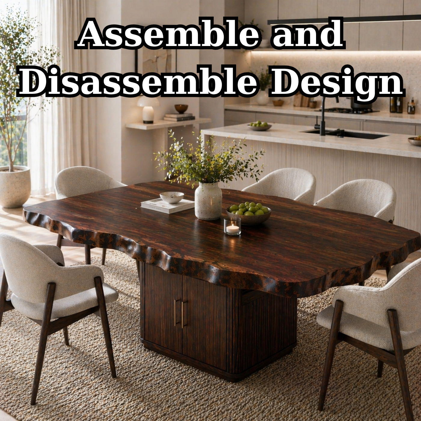 Live Edge Solid Wood Dining Table – Rustic Walnut Slab Table with Sculptural Base
