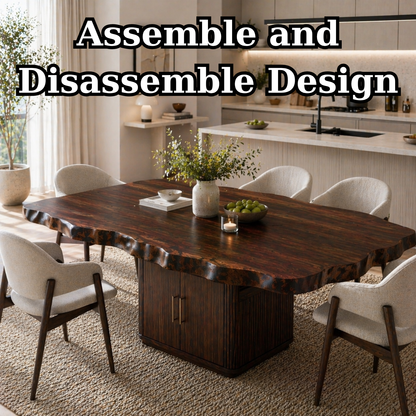 Live Edge Solid Wood Dining Table – Rustic Walnut Slab Table with Sculptural Base