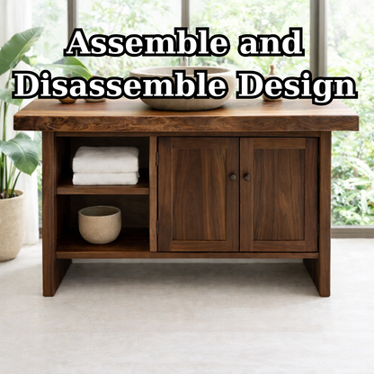 Solid Wood Bathroom Vanity Cabinet with Double Doors and Open Shelf – Rustic Modern Freestanding Vanity Base Kitchnce