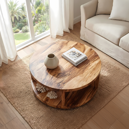 Round Solid Wood Coffee Table with Open Shelf Storage