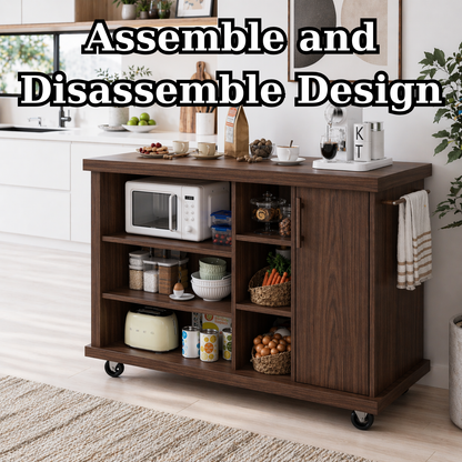 Rolling Kitchen Island with Open Storage & Cabinet – Walnut Microwave Cart with Shelves and Towel Bar