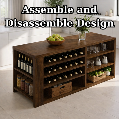 Solid Wood Kitchen Island with Wine Rack & Storage Shelves