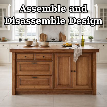 Solid Wood Kitchen Island with Drawers & Cabinet – Farmhouse Kitchen Storage Table