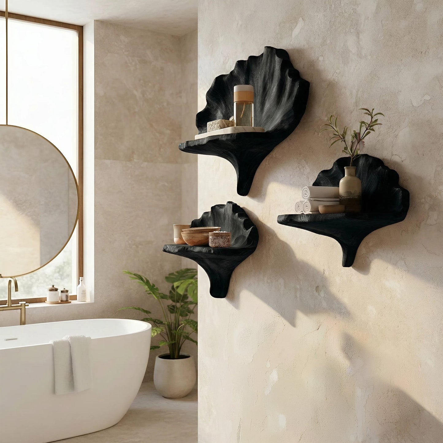 Sculptural Floating Wall Shelf Set in Natural Wood with Layered Organic Form