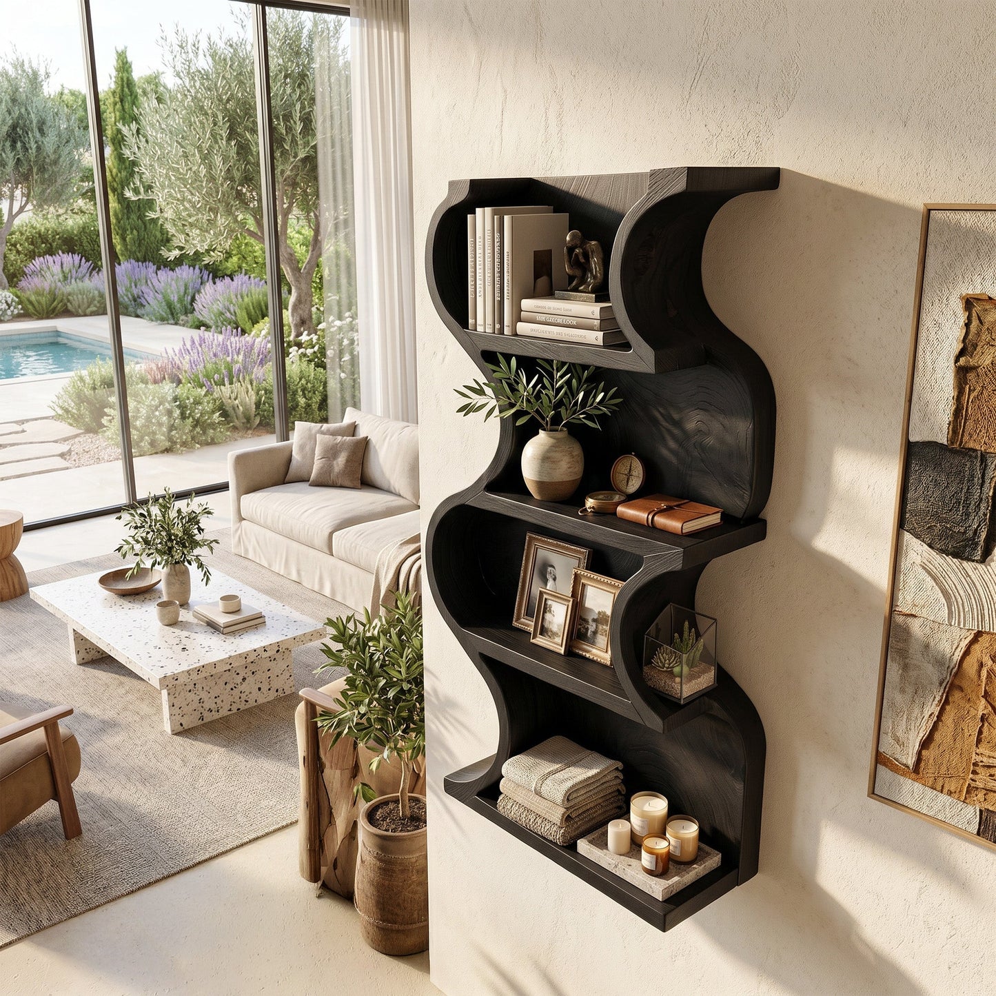 Vertical Wood Wall Shelf With Curved Open Display