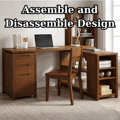 Solid Wood L-Shaped Desk with Storage – Corner Home Office Desk with Shelves and Drawers
