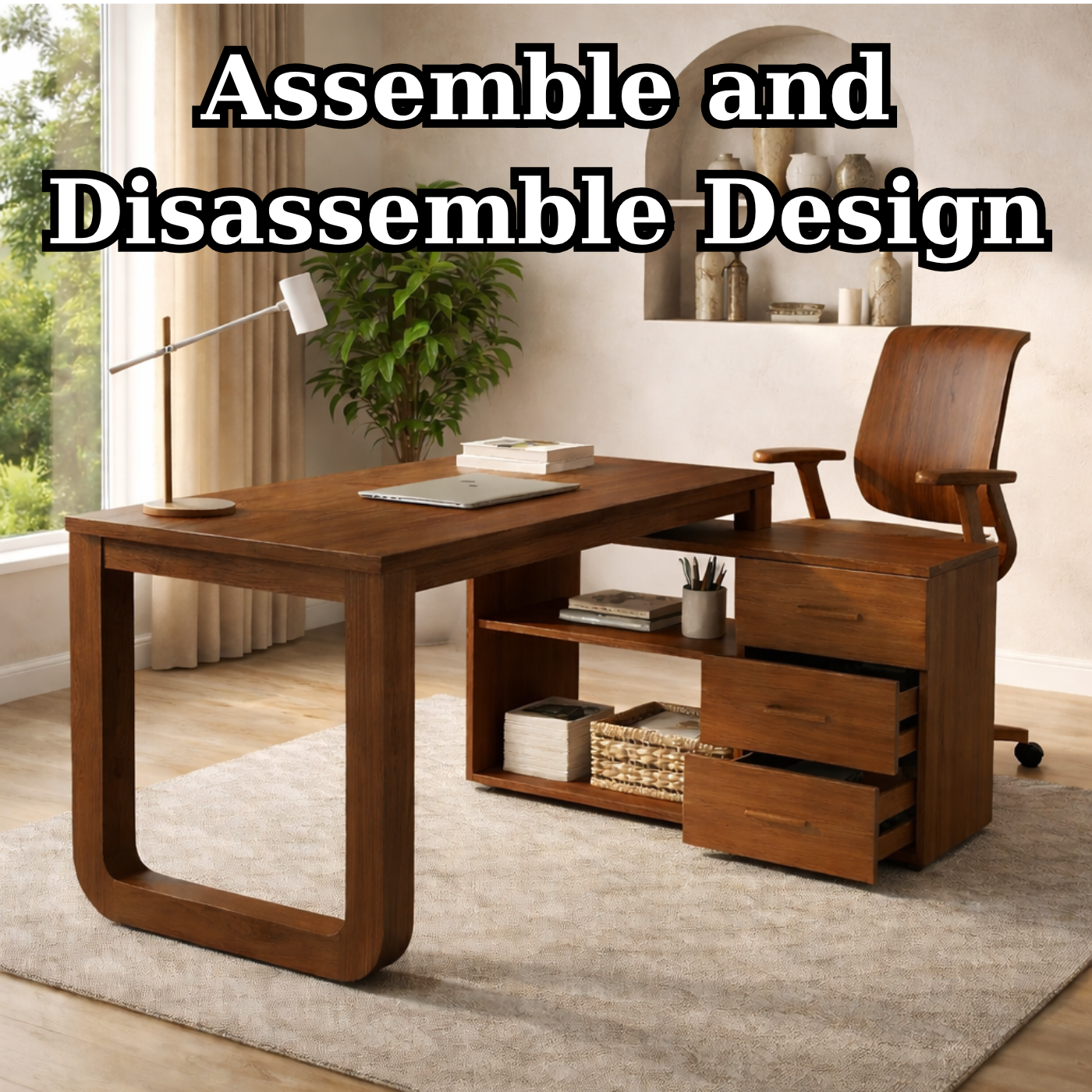 Solid Wood Desk with Storage Drawers – Modern Home Office Table with Side Cabinet