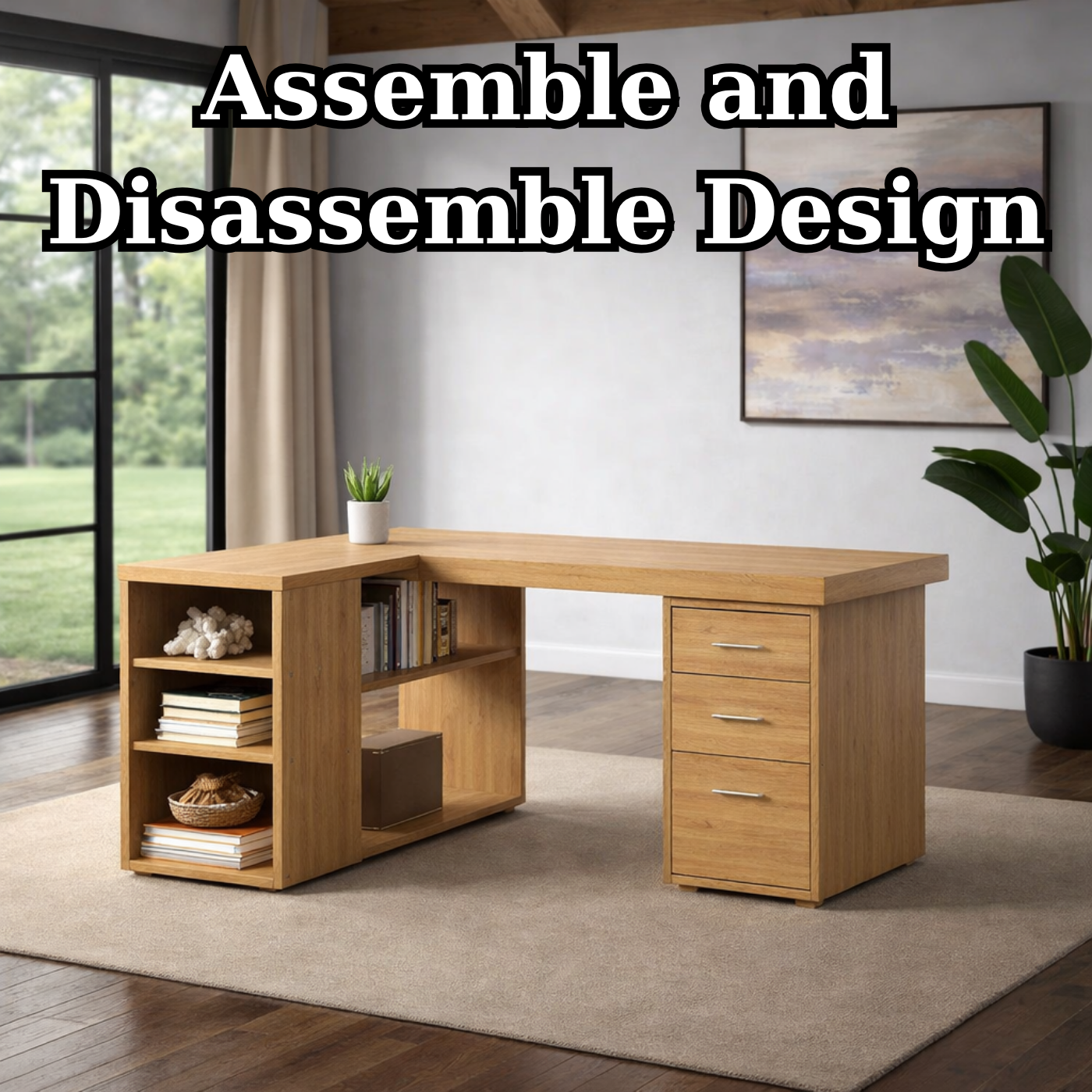 Solid Wood L-Shaped Desk with Storage – Corner Home Office Desk with Drawers and Shelves