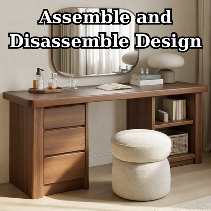 Solid Wood Makeup Vanity Desk – Minimalist Dressing Table with Drawers & Open Shelf