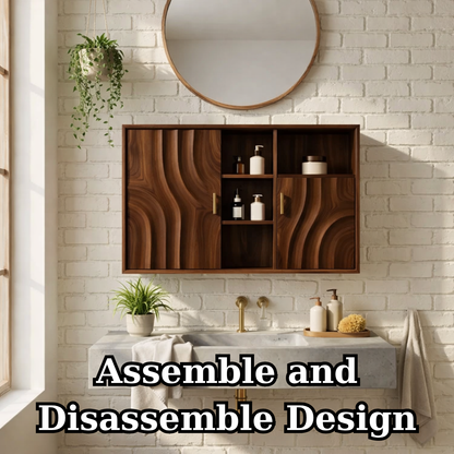 Solid Wood Floating Bathroom Cabinet with Wave Doors & Open Shelving