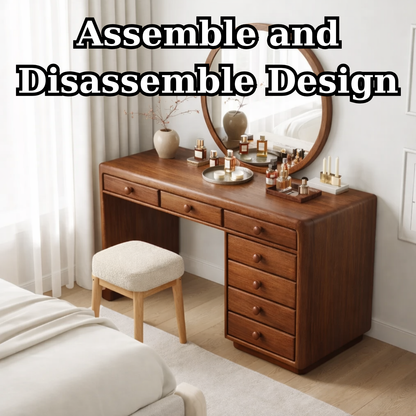 Solid Wood Makeup Vanity Desk with 7 Drawers, Modern Wooden Dressing Table with Rounded Edges