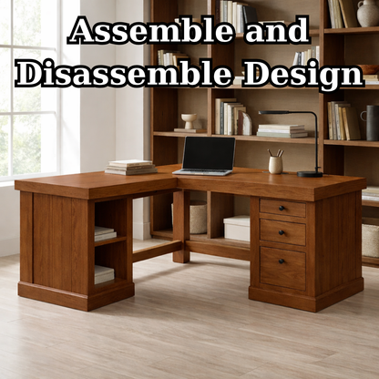 Solid Wood L Shaped Office Desk with 3 Drawers and Open Side Shelves, Modern Wooden Corner Desk