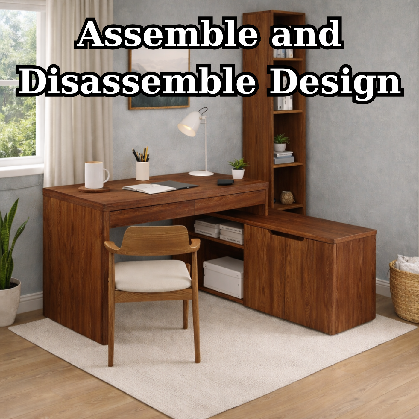 Solid Wood L-Shaped Desk with Bookshelf & Storage Cabinet – Modern Home Office Desk