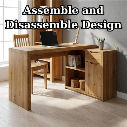 Solid Wood Desk with Storage Cabinet & Shelves – Modern Home Office Table