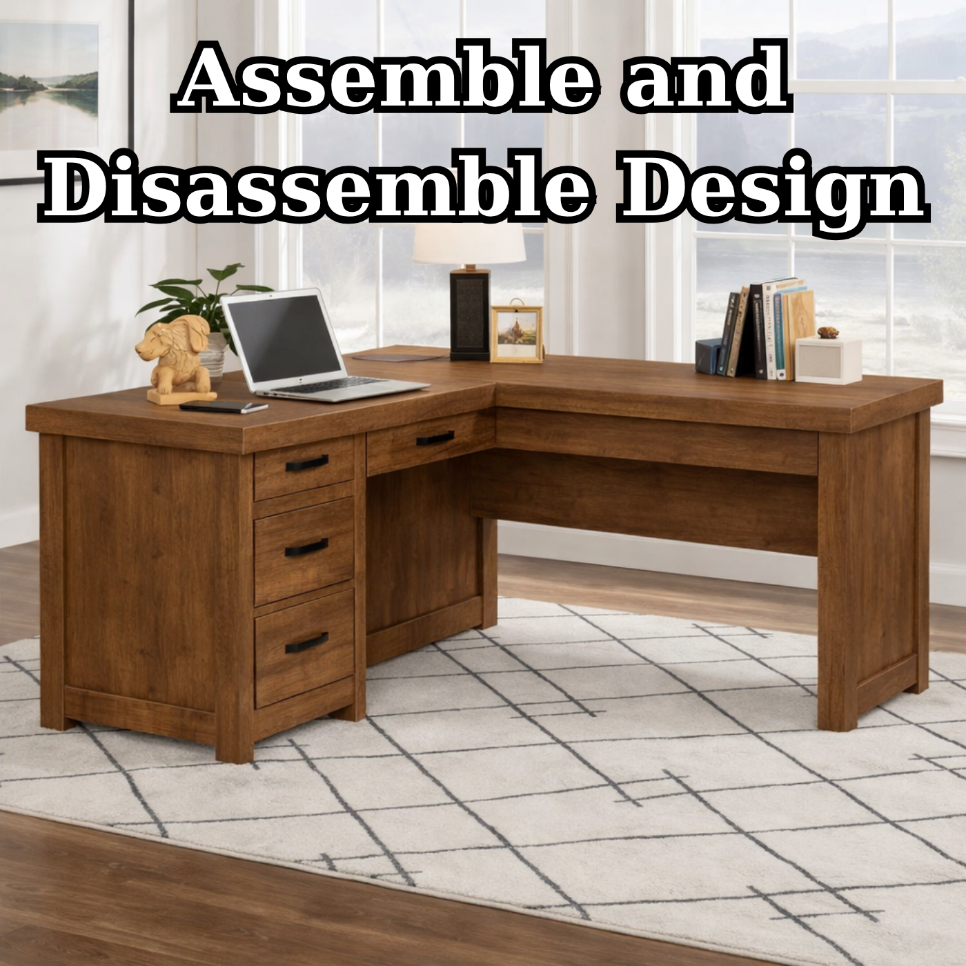 Solid Wood L Shaped Executive Office Desk with 4 Drawers and Corner Work Surface