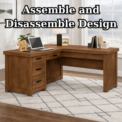 Solid Wood L Shaped Executive Office Desk with 4 Drawers and Corner Work Surface