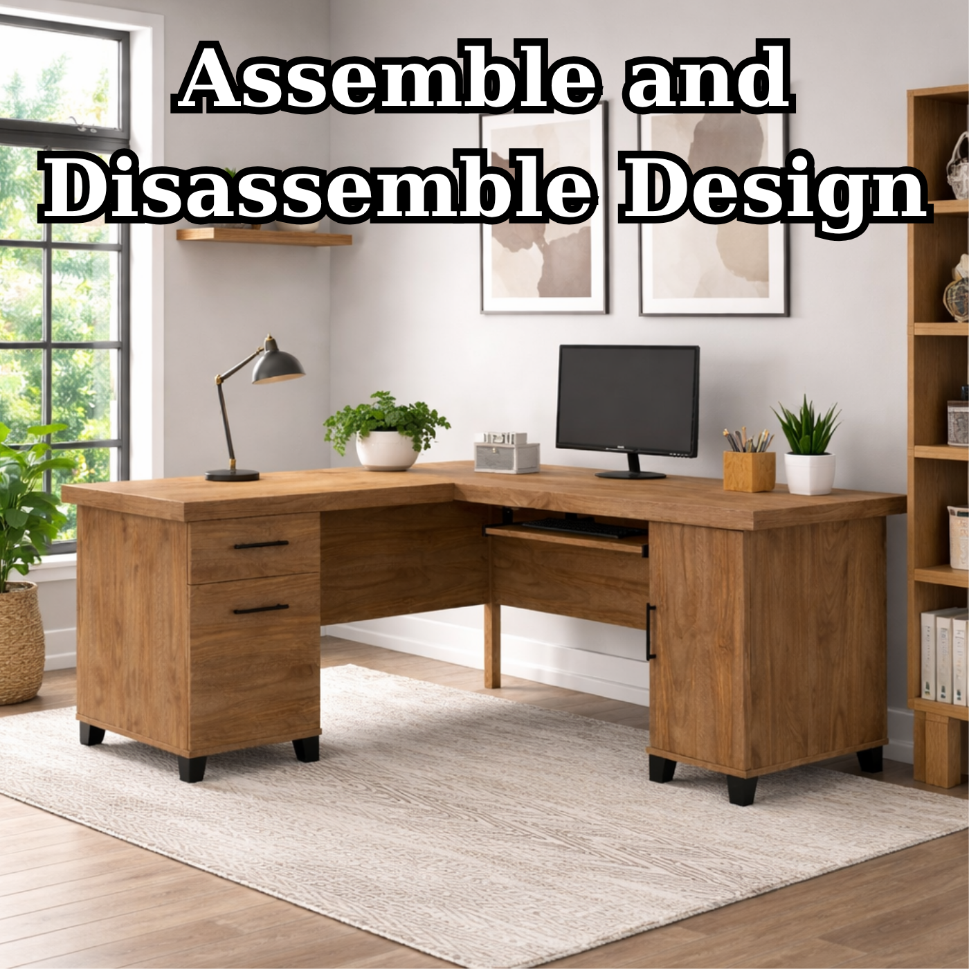 Solid Wood L Shaped Office Desk with 2 Drawers, Storage Cabinet and Keyboard Tray
