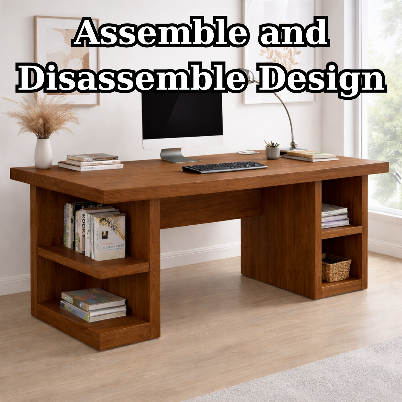 Solid Wood Office Desk with Open Shelves – Modern Minimalist Work Desk