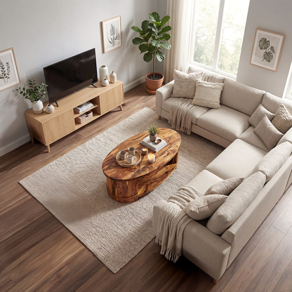 Oval Coffee Table with Curved Frame and Open Storage Shelf