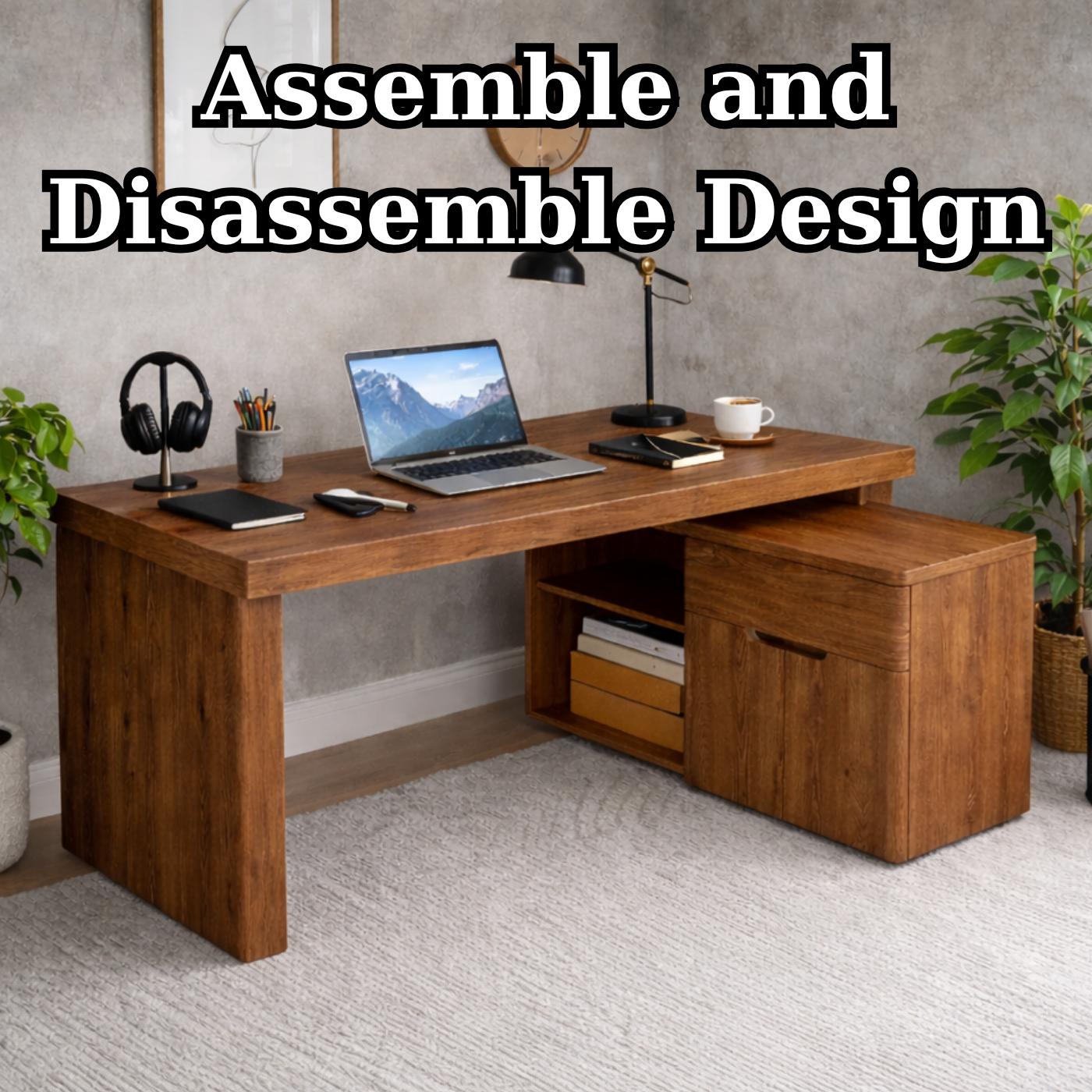 Solid Wood L-Shaped Desk with Storage Cabinet – Modern Home Office Desk