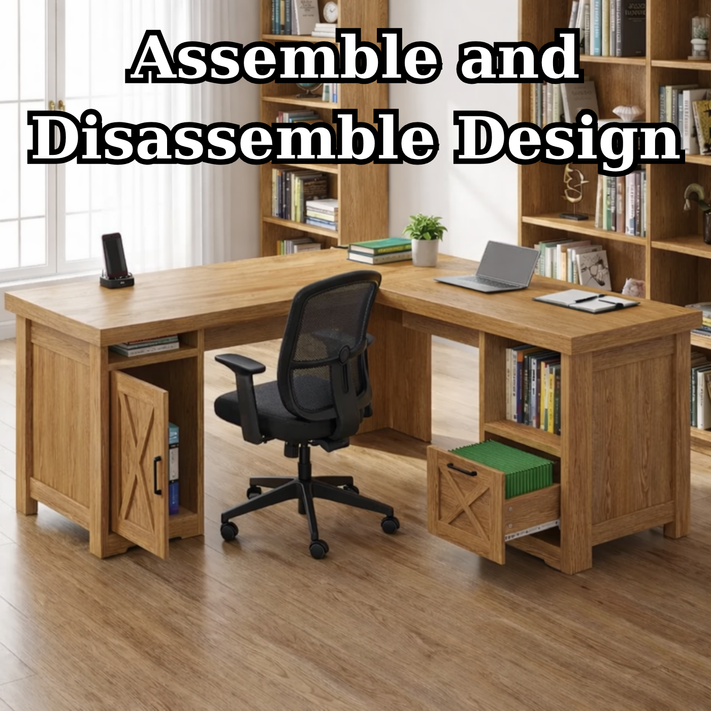 Solid Wood L Shaped Office Desk with Storage Cabinets and Shelves, Modern Wooden Executive Study Desk