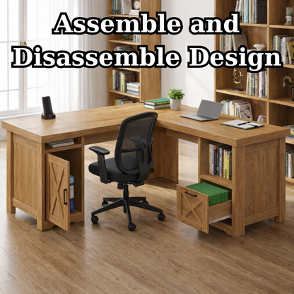 Solid Wood L Shaped Office Desk with Storage Cabinets and Shelves, Modern Wooden Executive Study Desk