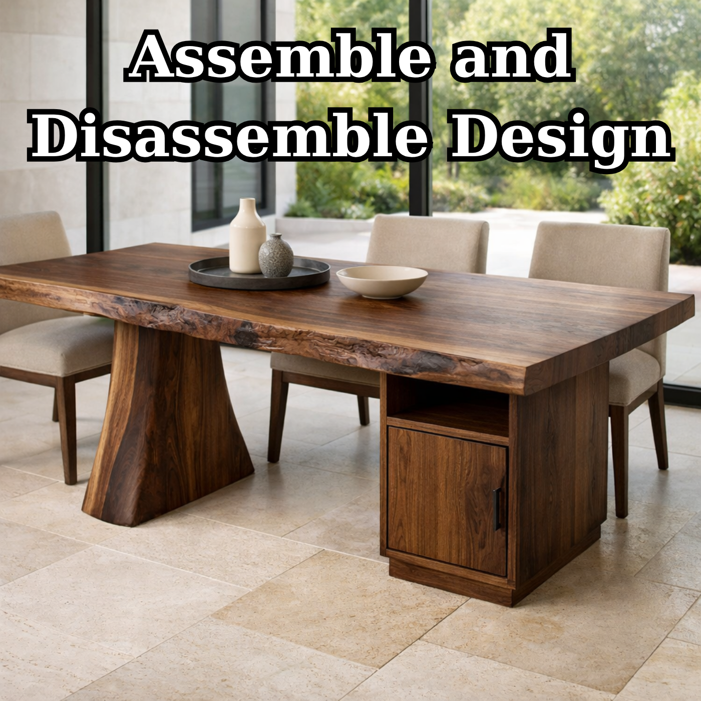 Solid Wood Live Edge Dining Table with Storage Cabinet and Sculptural Base