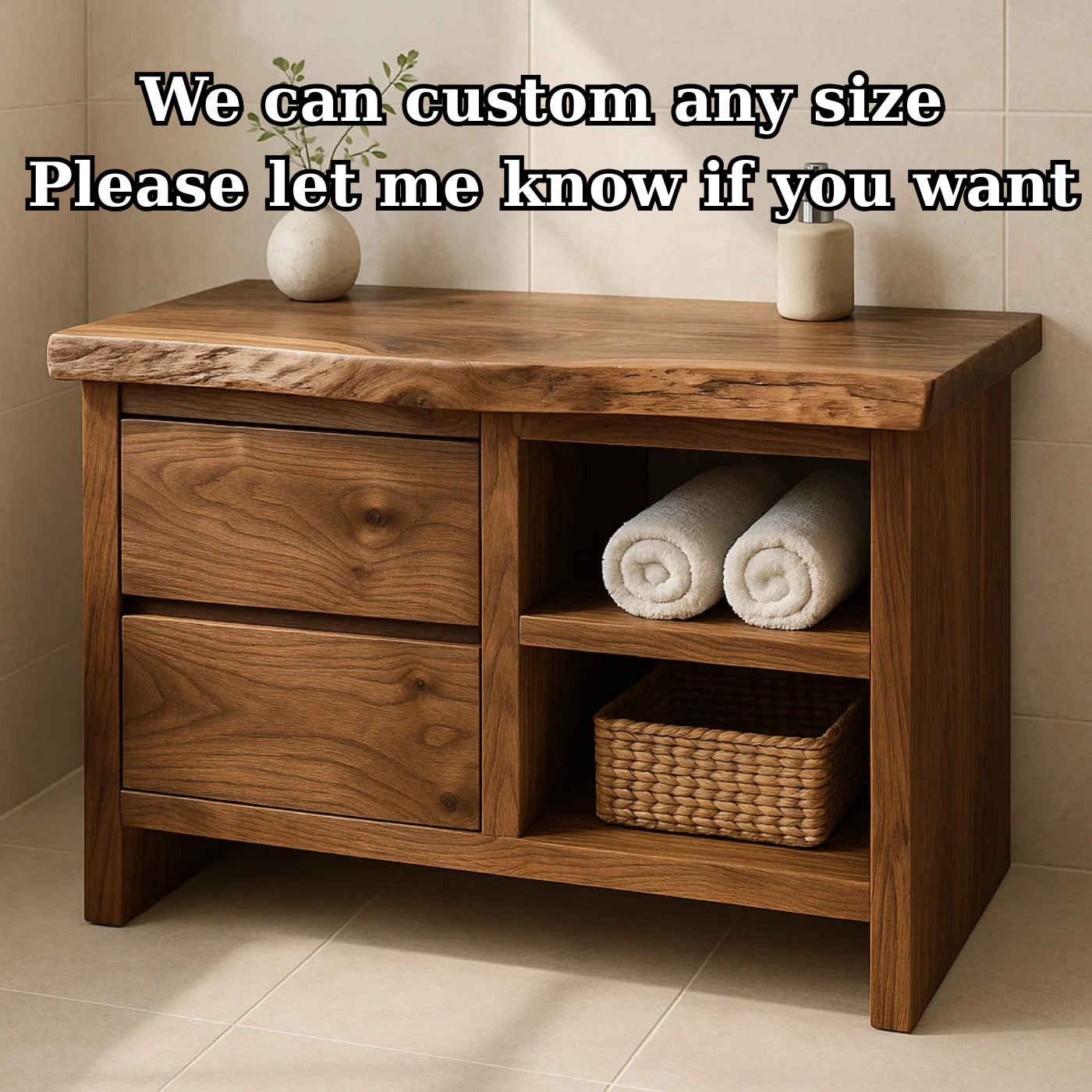 Handcrafted Solid Wood Bathroom Vanity - Rustic Drawers & Open Shelf Kitchnce
