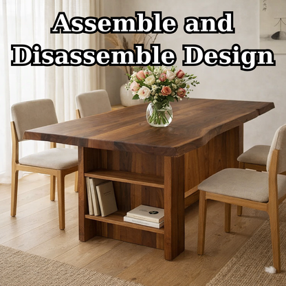 Solid Wood Live Edge Dining Table with Built-In Shelf Storage