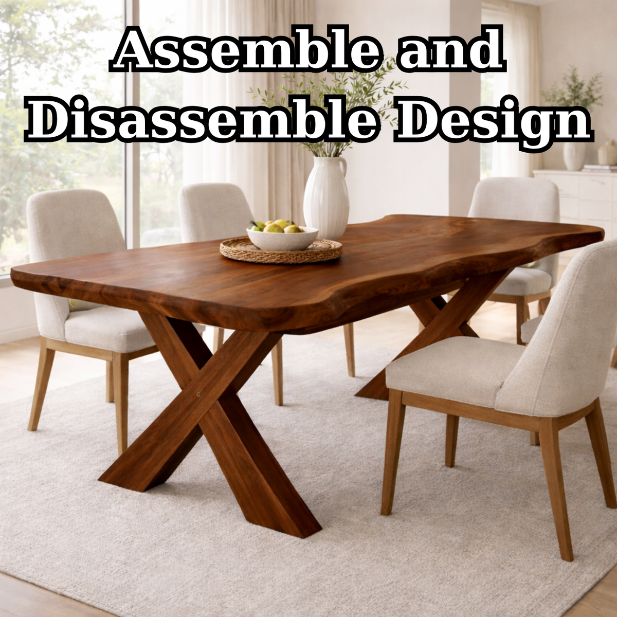 Solid Wood Live Edge Dining Table with X-Base Sculptural Legs
