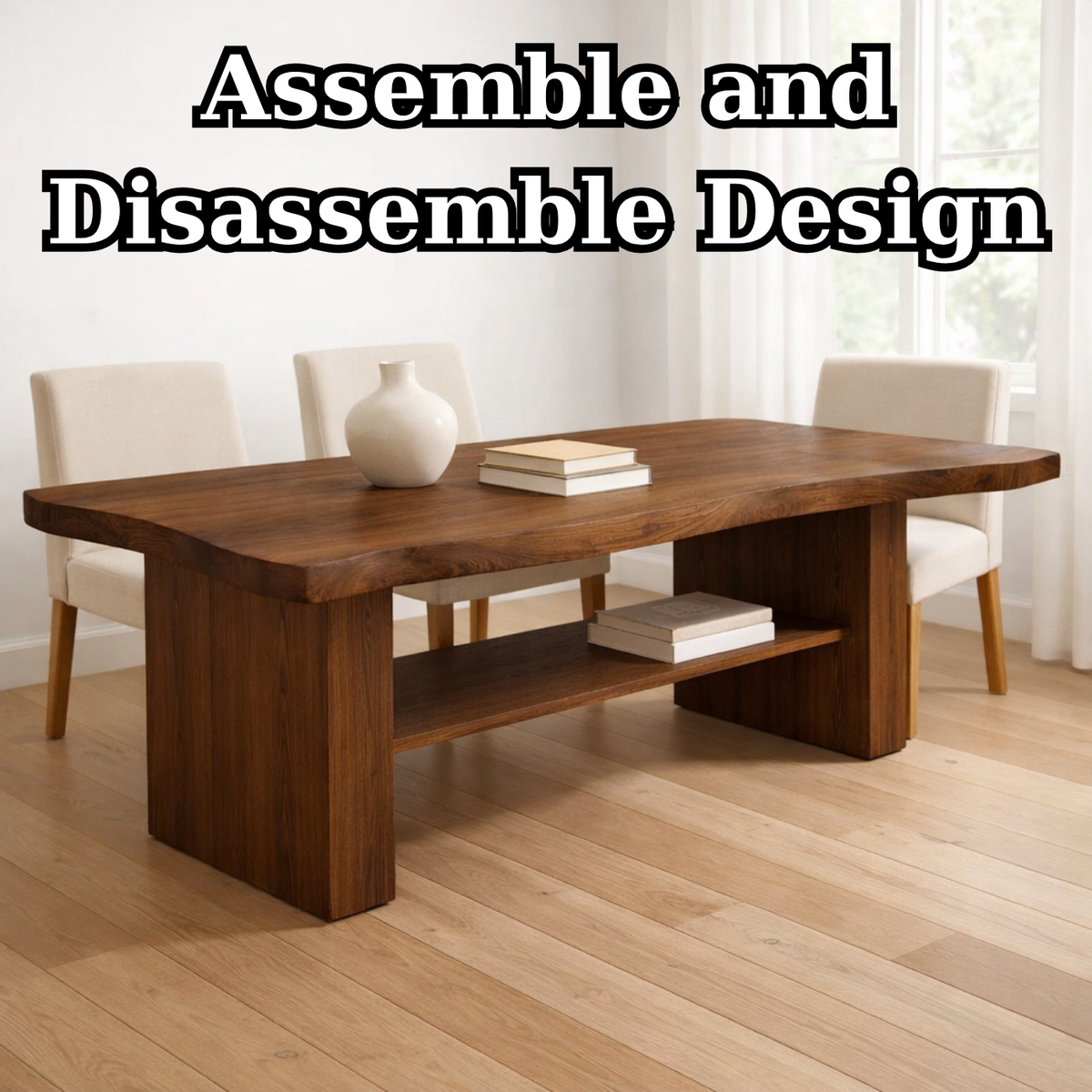Solid Wood Dining Table with Thick Slab Top and Open Shelf Storage
