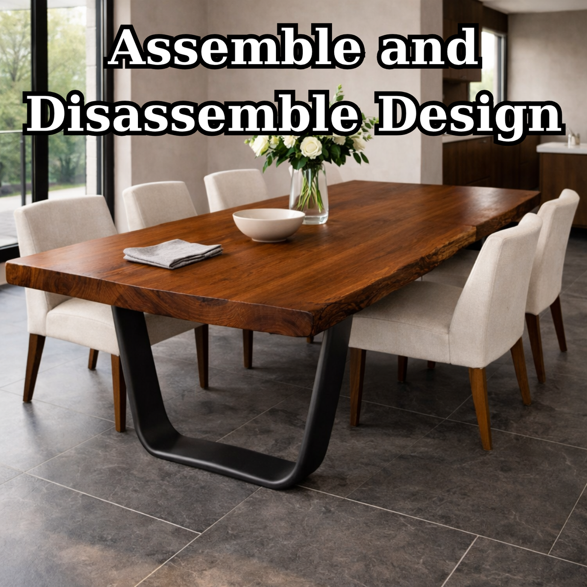 Solid Wood Live Edge Dining Table with Modern U-Shaped Metal Base