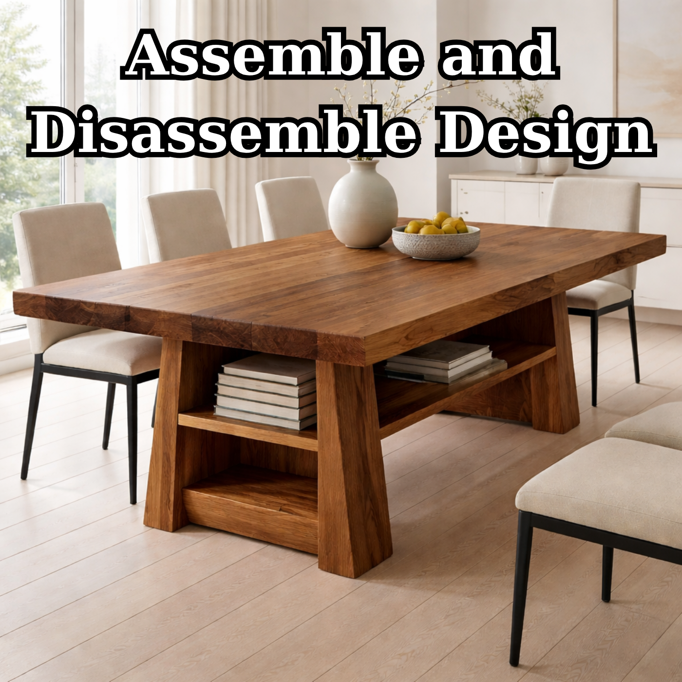 Solid Wood Dining Table with Storage Shelf – Modern Kitchen Dining Table