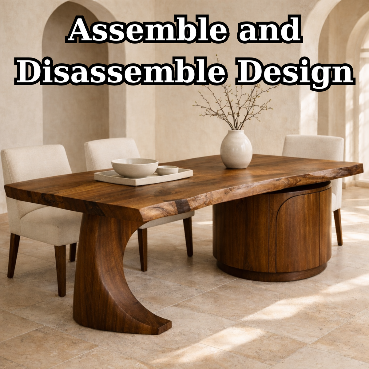 Solid Wood Live Edge Dining Table with Curved Base and Round Storage Cabinet