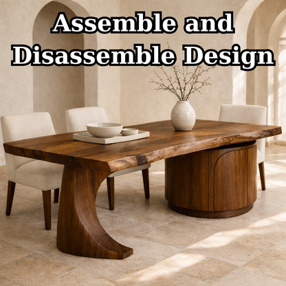 Solid Wood Live Edge Dining Table with Curved Base and Round Storage Cabinet