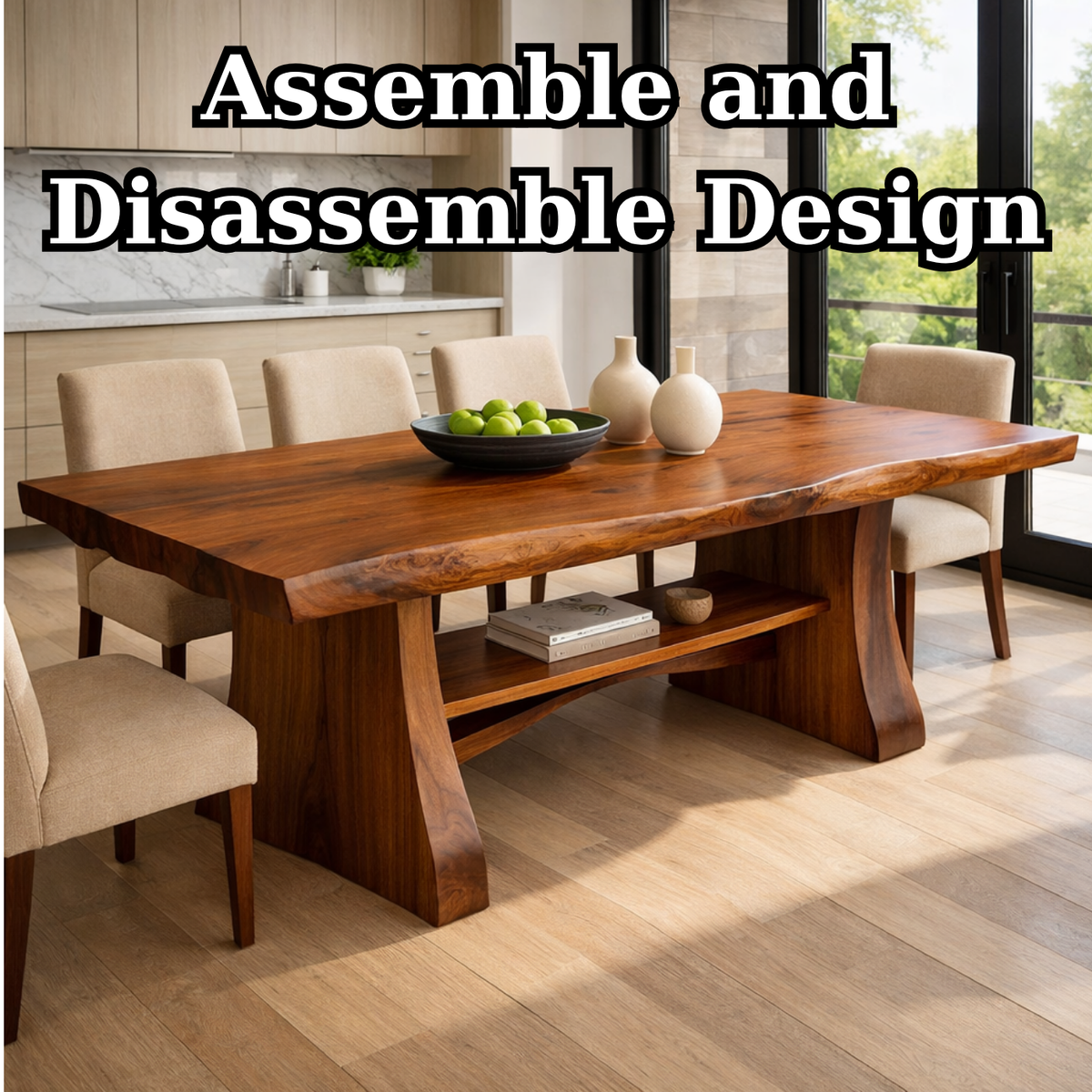 Solid Wood Live Edge Dining Table with Sculptural Base and Open Shelf
