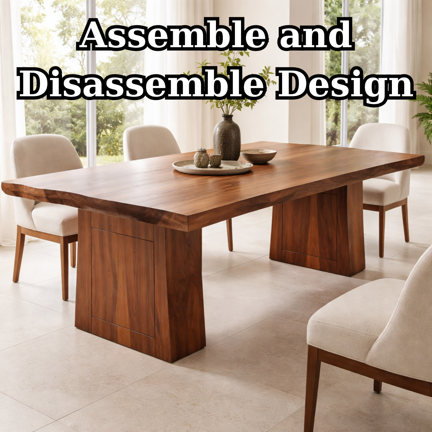 Solid Wood Dining Table with Thick Slab Top and Modern Block Base