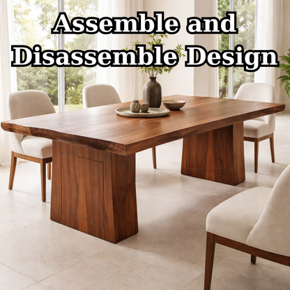 Solid Wood Dining Table with Thick Slab Top and Modern Block Base