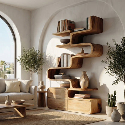 Scandinavian Sculptural Wooden Bookshelf With Organic Shape For Living Room Kitchnce