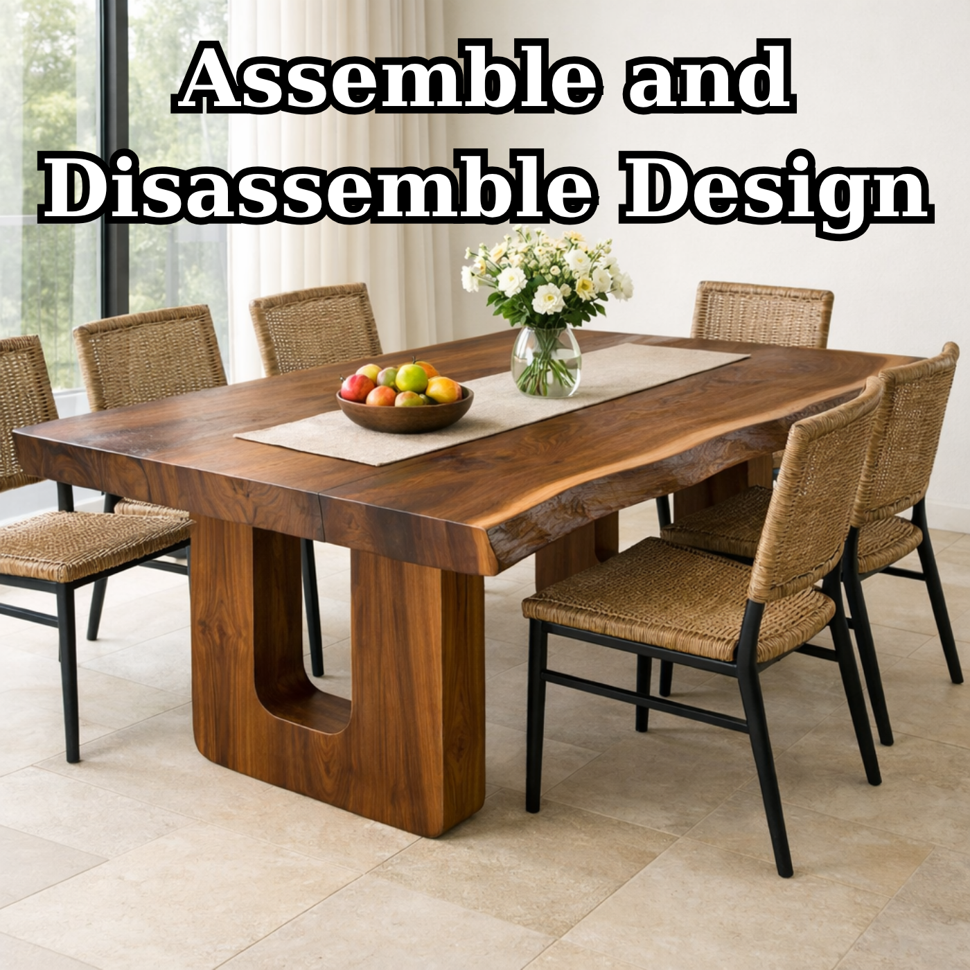 Solid Wood Live Edge Dining Table with Modern U-Shaped Base