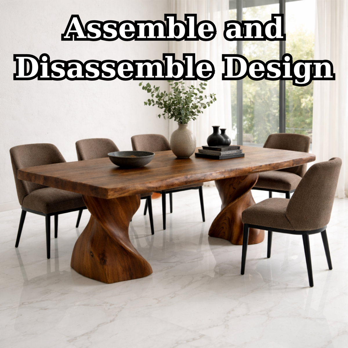 Solid Wood Dining Table with Live Edge Top and Sculptural Twist Base