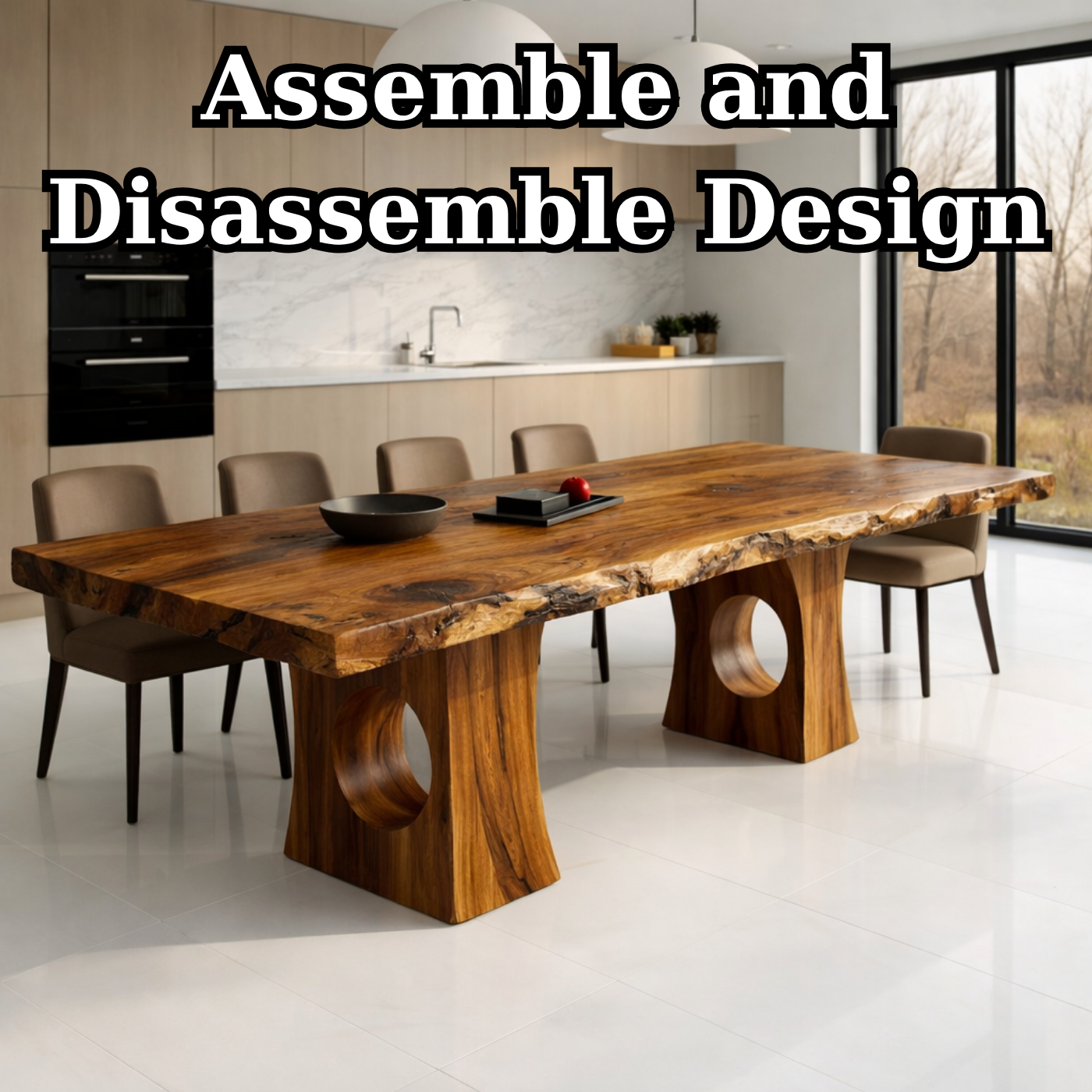 Solid Wood Live Edge Dining Table with Sculptural Cutout Base
