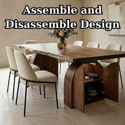 Solid Wood Live Edge Dining Table with Arch Base and Hidden Storage
