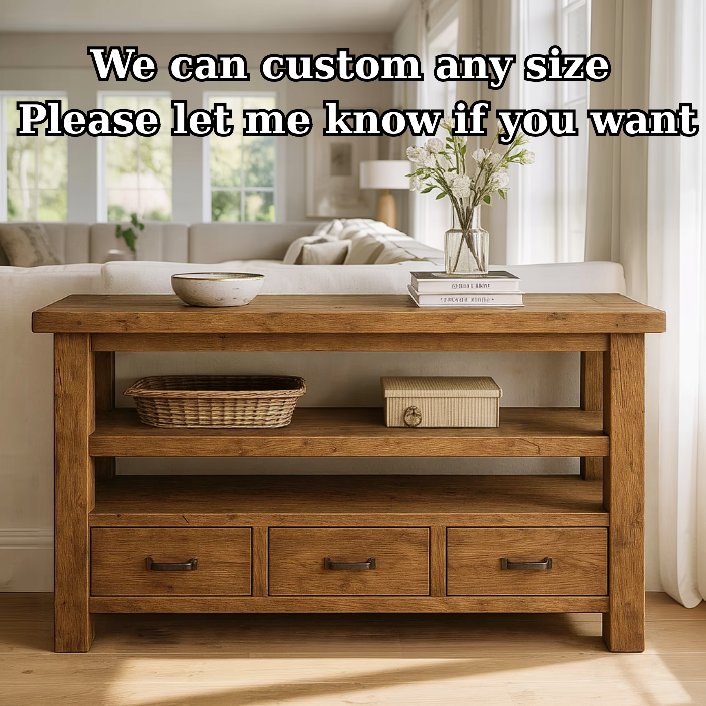 Handcrafted Solid Wood Console Table – Farmhouse Style with Three Storage Drawers Kitchnce