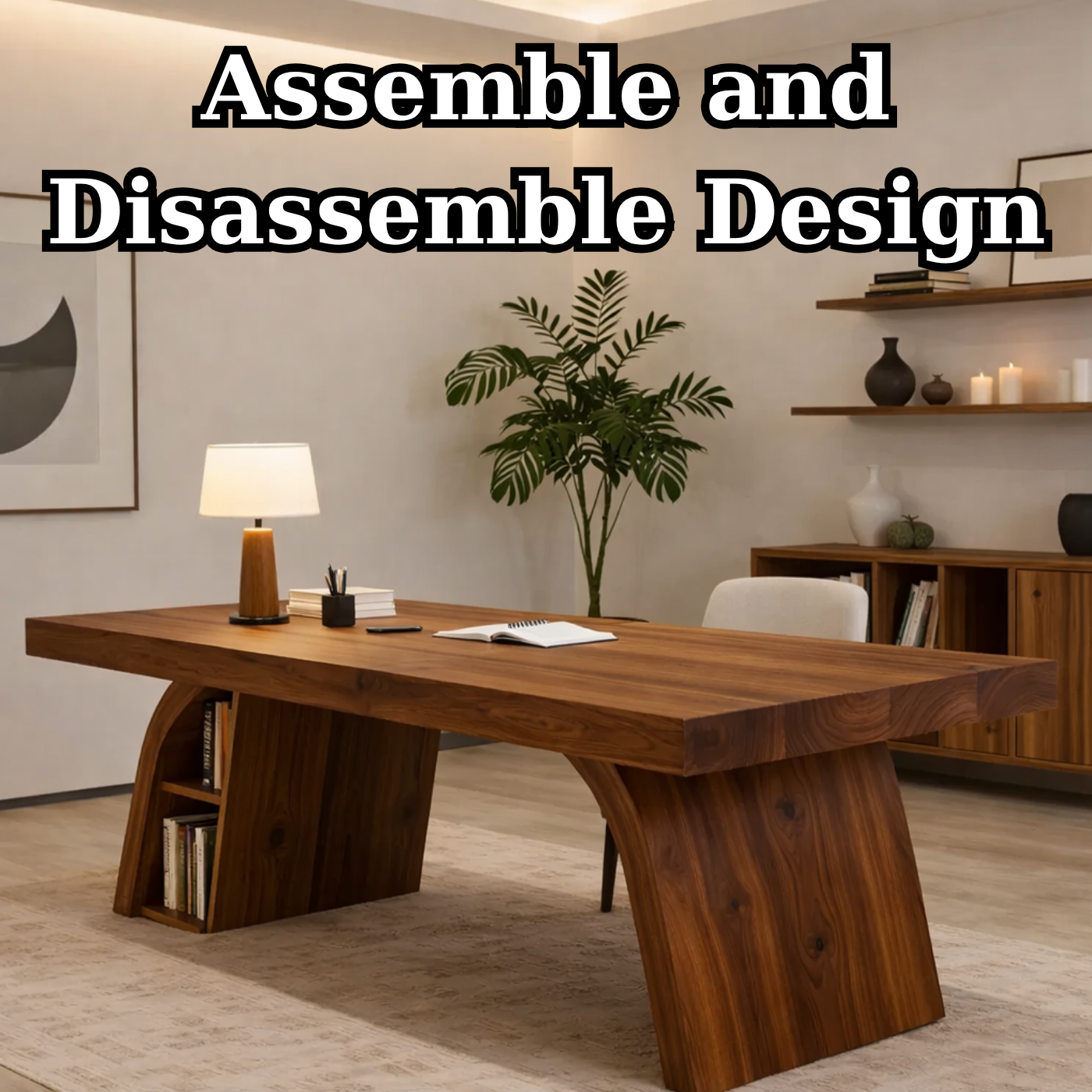 Solid Wood Desk with Thick Slab Top and Integrated Shelf Storage