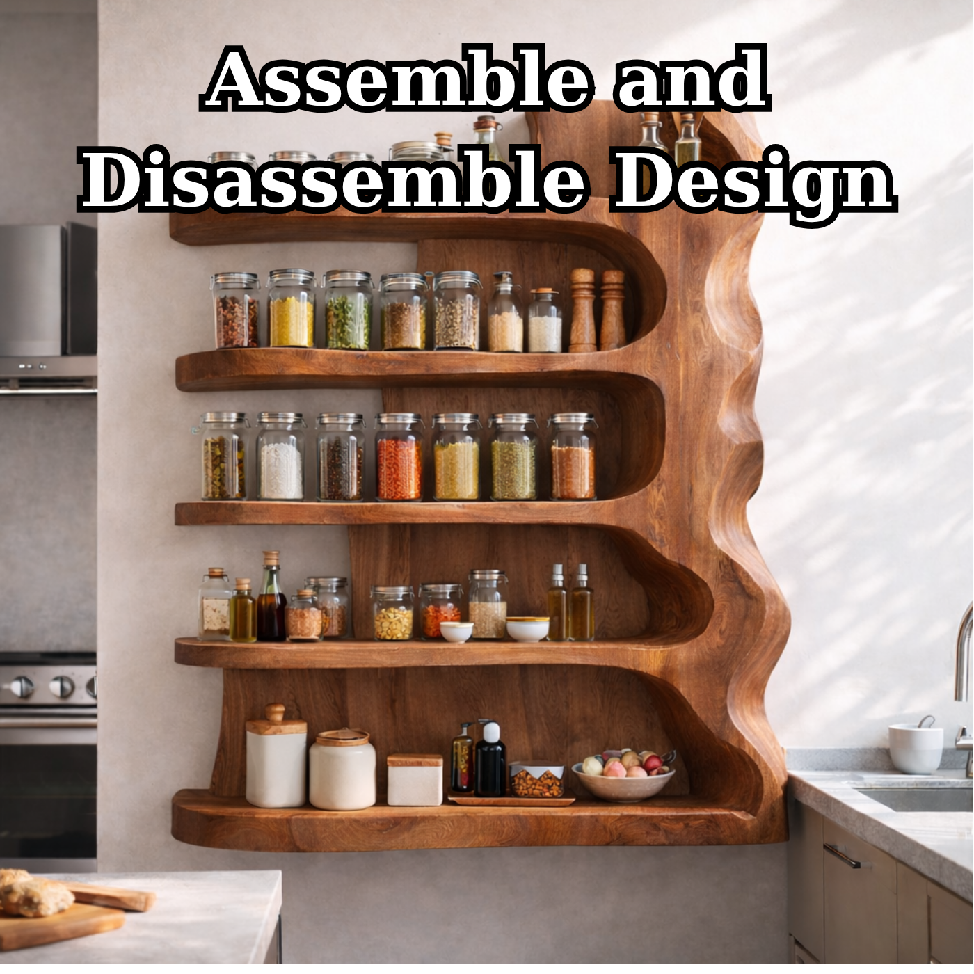 Solid Wood Kitchen Cabinet Shelf – Sculptural Floating Spice Storage Unit