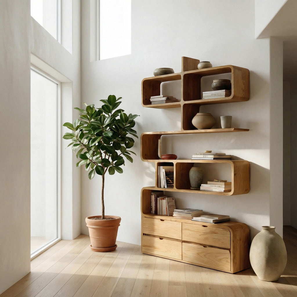 Minimalist Bookshelf With Curved Lines And Storage For Living Kitchnce