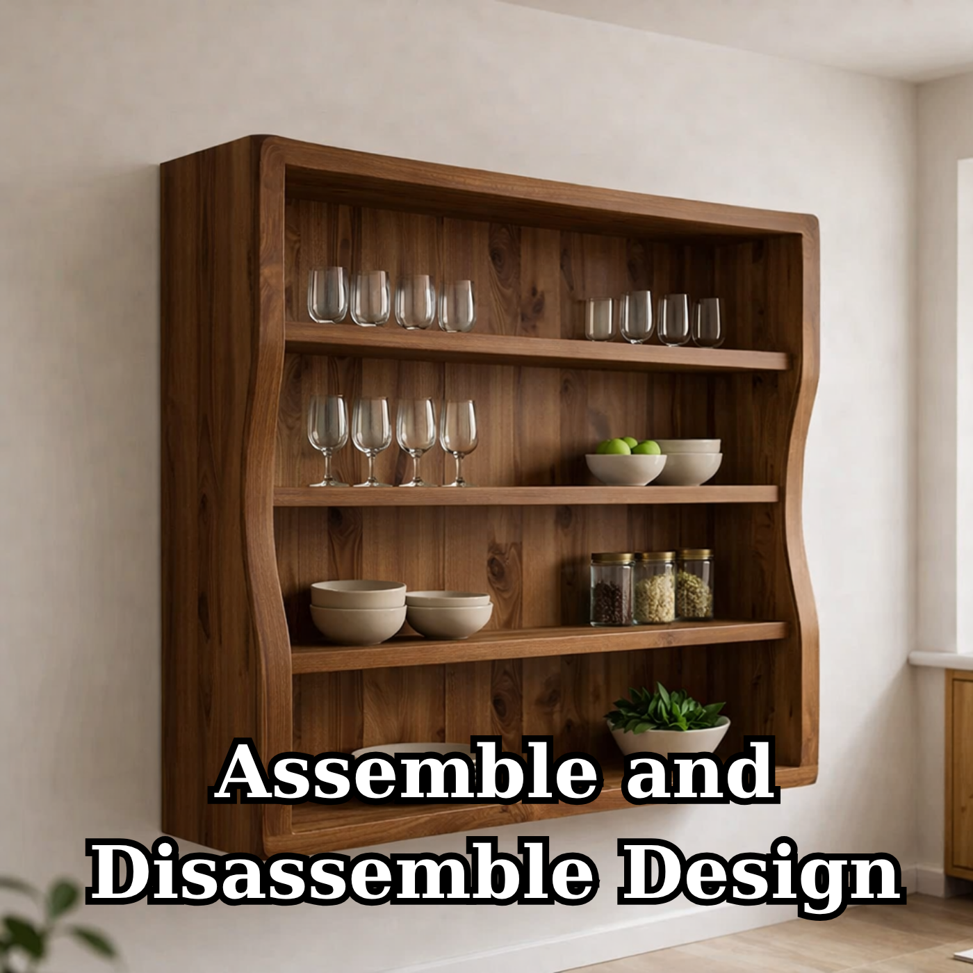 Solid Wood Kitchen Cabinet Shelf – Curved Wall Mounted Storage Cabinet
