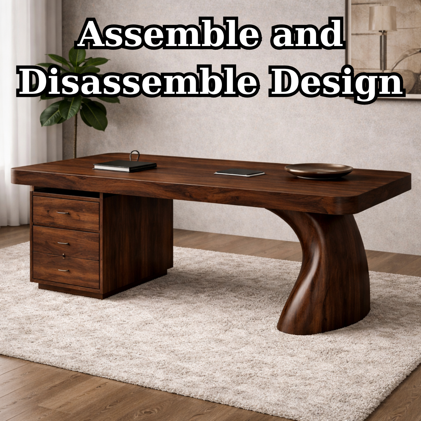 Solid Wood Executive Desk with Sculptural Leg & Drawer Storage – Modern Rustic Office Table