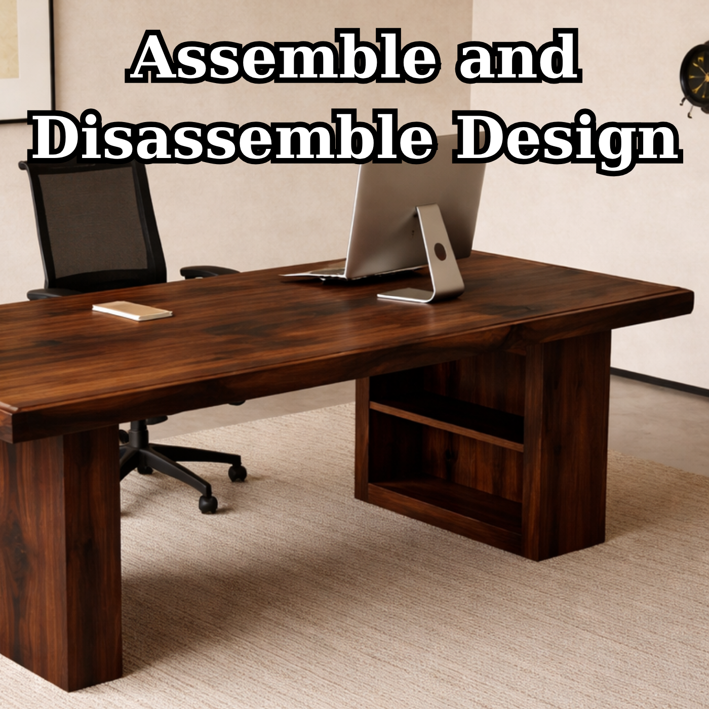 Solid Walnut Desk with Storage Shelf – Modern Minimalist Executive Office Table
